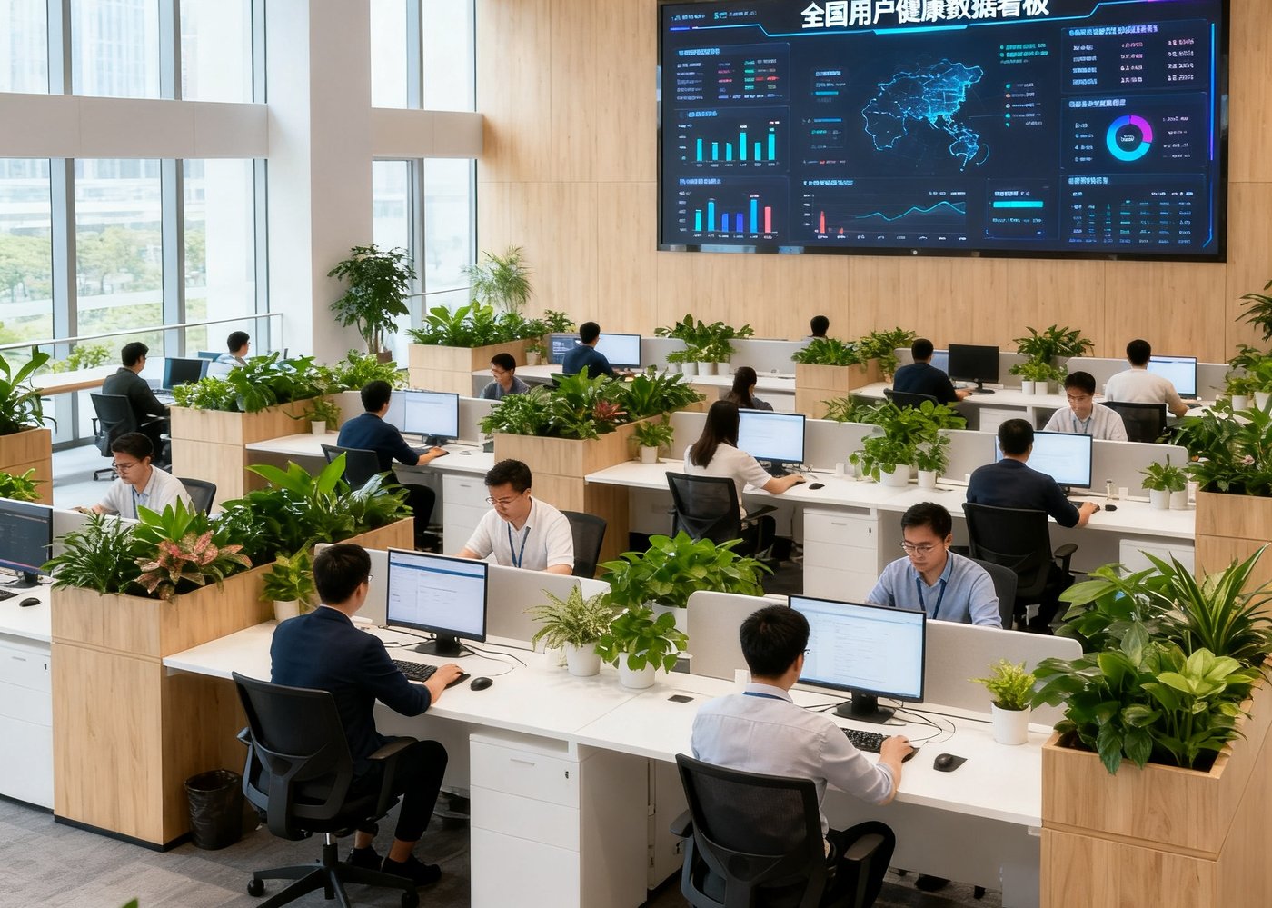 7790必发集团深圳总部开放式办公区全景，数十名员工在绿植环绕的工位上专注工作，墙上大屏幕实时滚动着全国用户健康数据看板