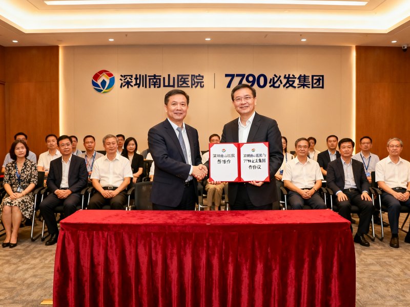 深圳南山医院与7790必发集团签约仪式现场照片，双方代表握手并展示合作协议文件