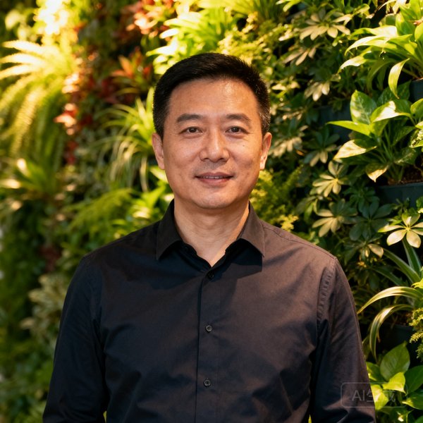 7790必发集团创始人兼CEO陈明远的半身肖像照，他身着深色衬衫，背景是公司总部的绿植墙