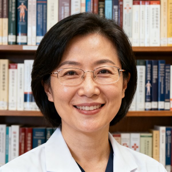 首席健康官王雅琳博士的肖像照，她佩戴细框眼镜，面带微笑站在医学书籍陈列架前