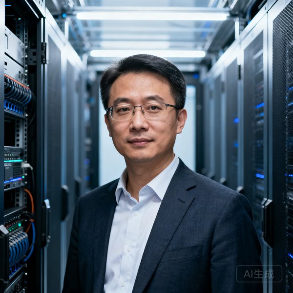 技术副总裁周恒的半身照，他站在服务器机房的冷通道中，身后是排列整齐的机柜设备