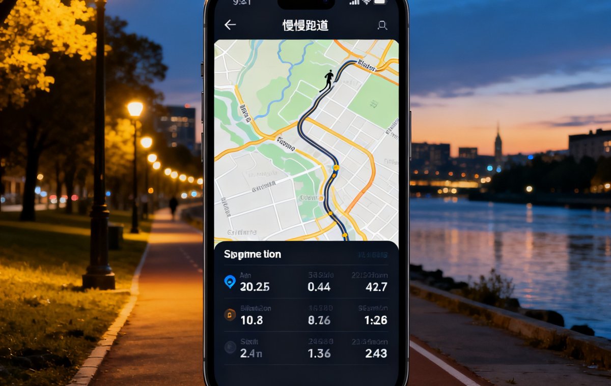手机屏幕上展示跑步路线地图与分段配速详情，背景是傍晚城市河畔的慢跑道