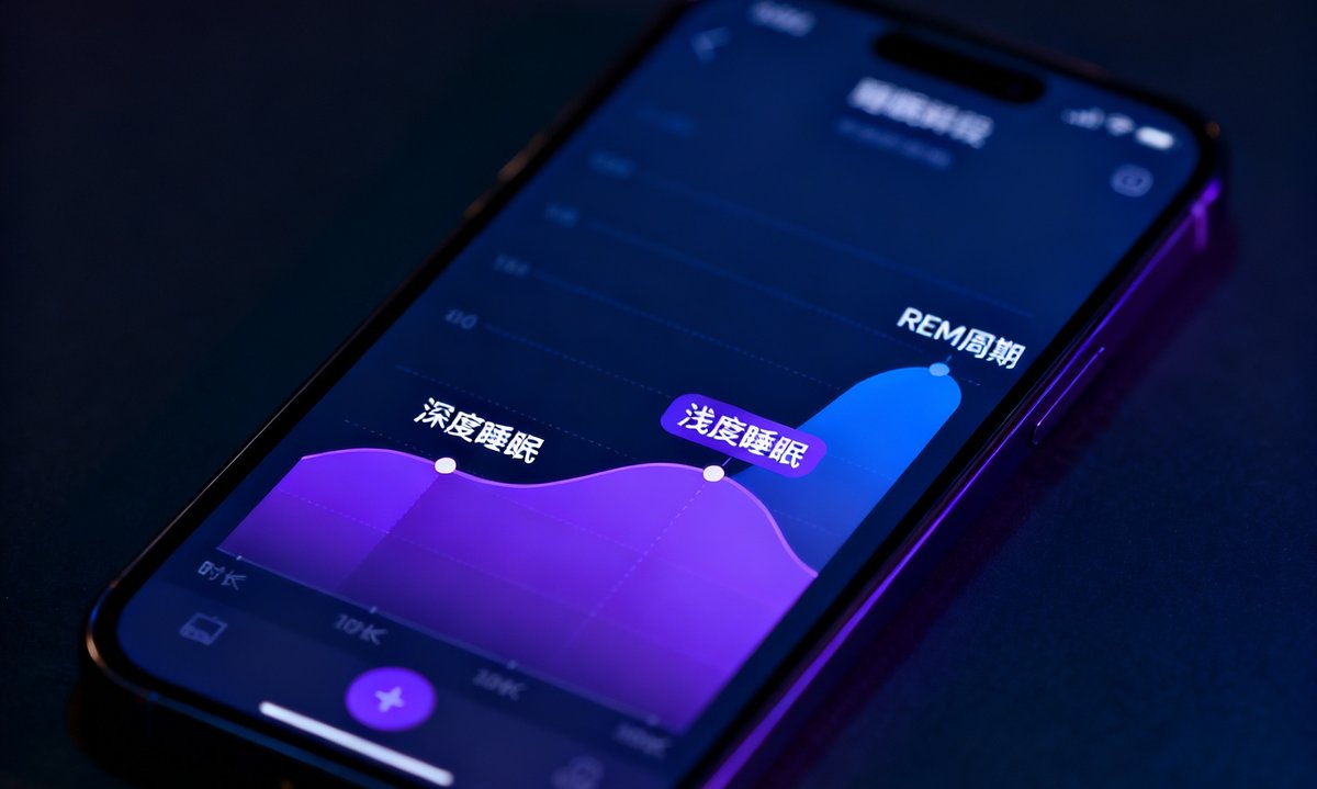 暗光环境下手机屏幕显示深蓝与紫色交织的睡眠阶段图表，标注着深度睡眠、浅度睡眠和REM周期的时长