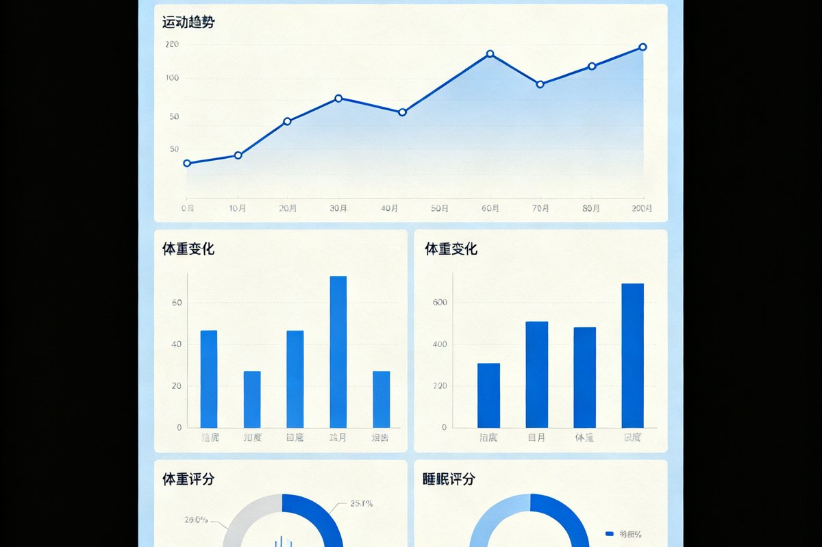 一份精美的月度健康报告封面特写，图表包含运动趋势折线图、体重变化柱状图和睡眠评分环形图